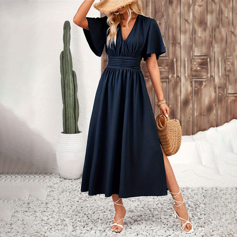 Elegant Women's Ruffle Sleeve Split Elastic Waist Polyester Dress