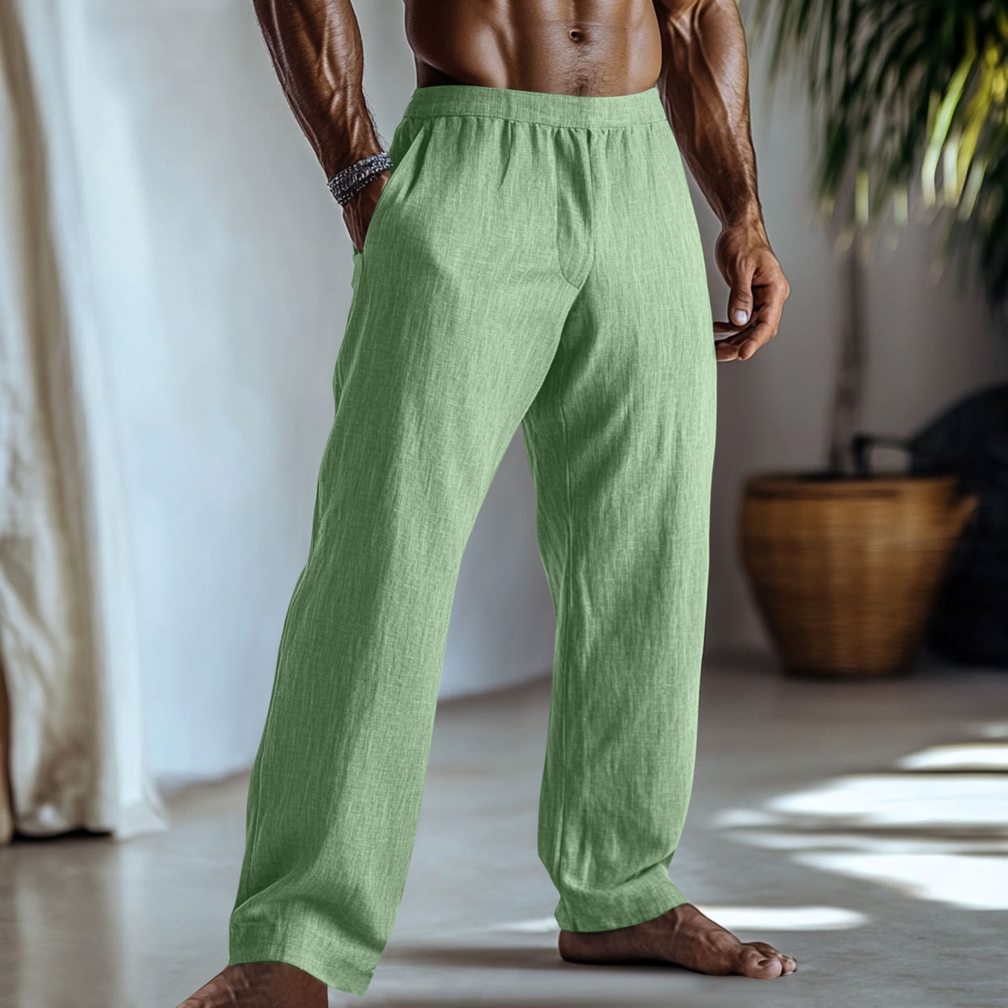 Cotton And Linen Casual Trousers With Pockets