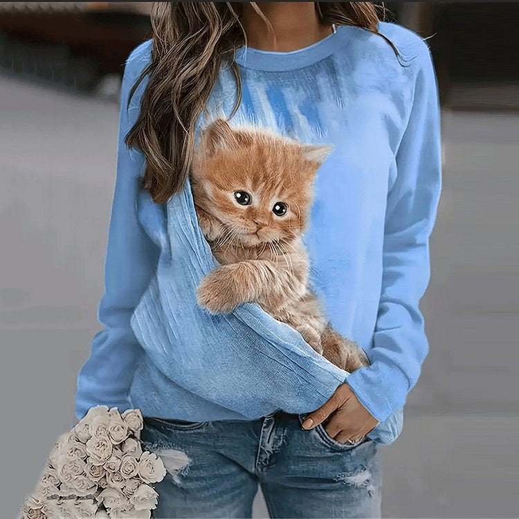 Loose Cat 3D Long Sleeve Crew Neck Sweatshirts