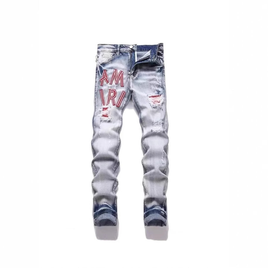 Men's Punk Retro Blue Ripped Slim Feet Jeans