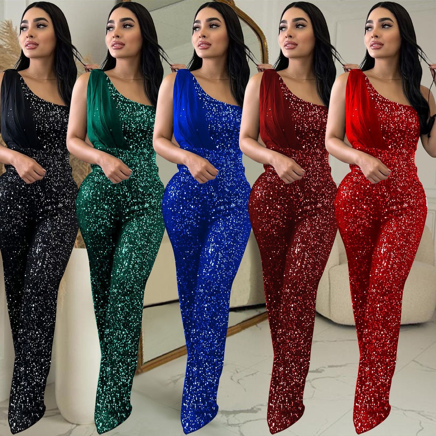 One-shoulder Sequined Trousers Jumpsuit