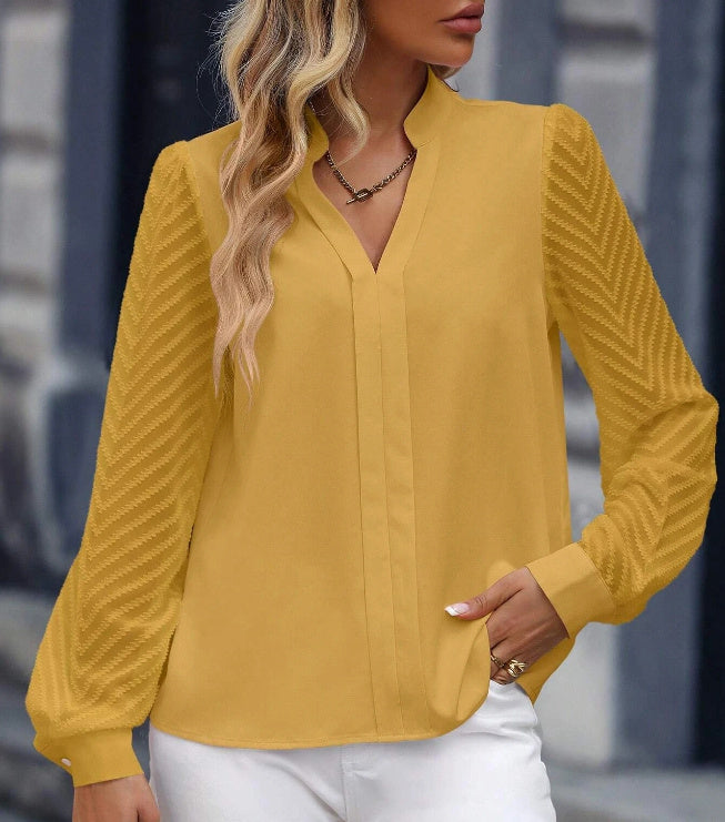 Women's V-neck Long-sleeved Chiffon Shirt Lace Stitching Top
