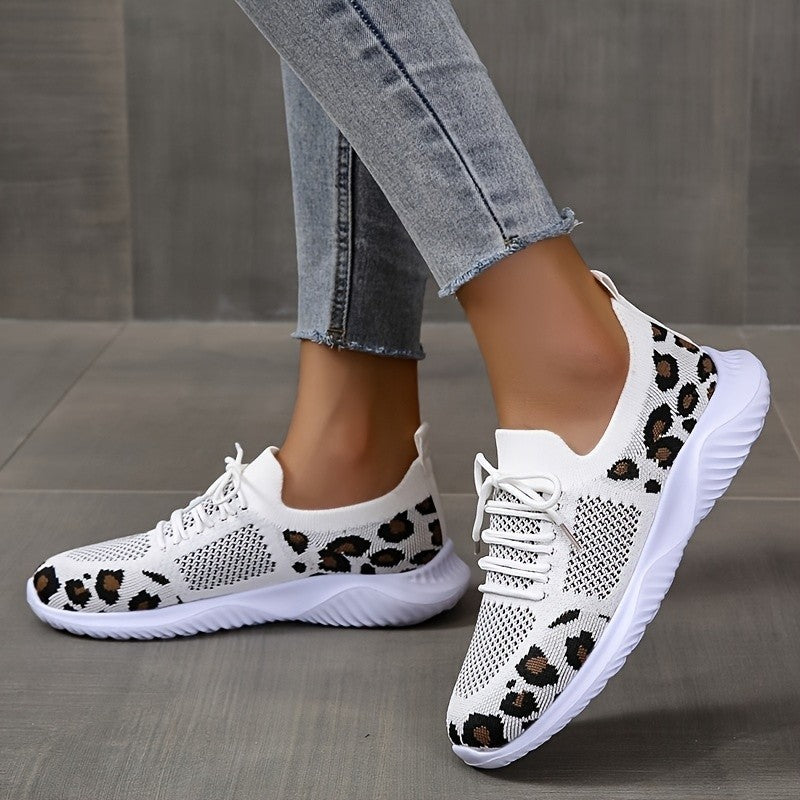 Nice White Shoes Women Leopard Print Lace-up Sneakers Sports