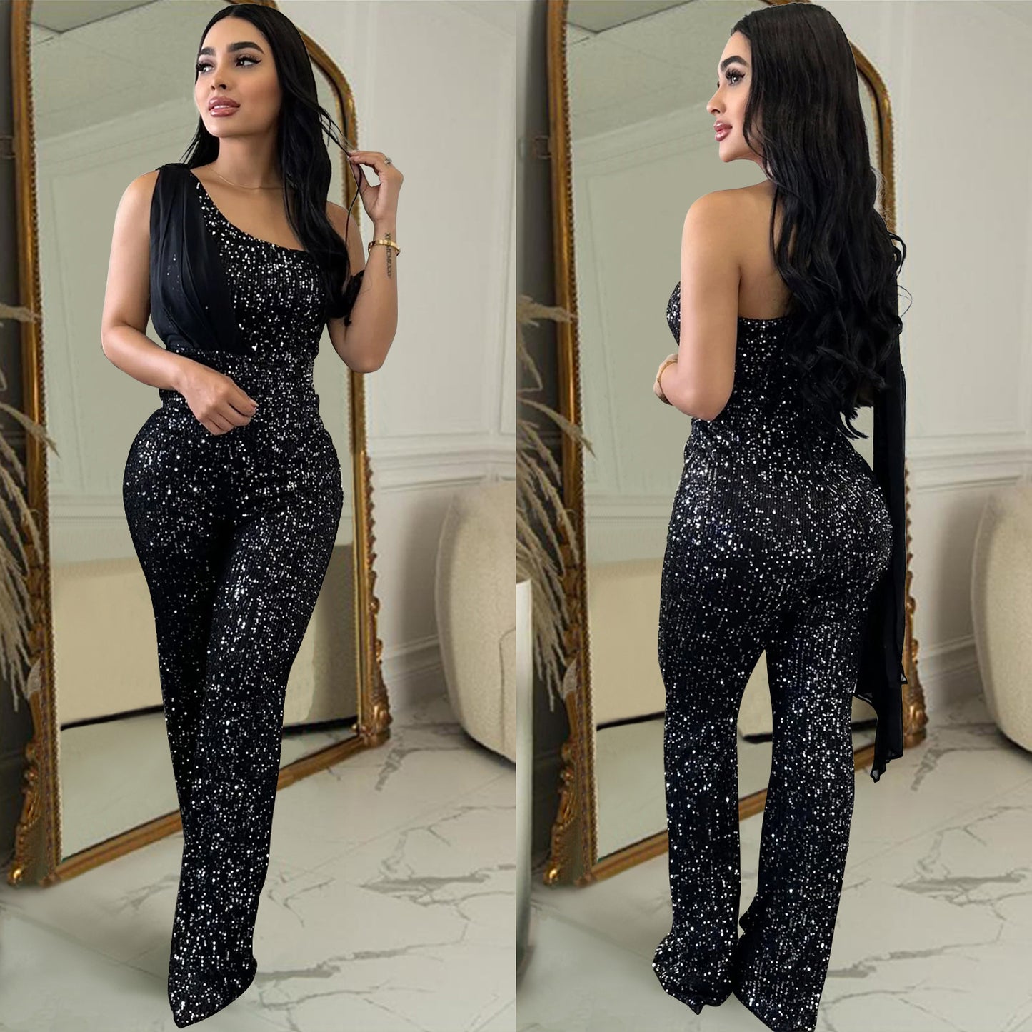 One-shoulder Sequined Trousers Jumpsuit