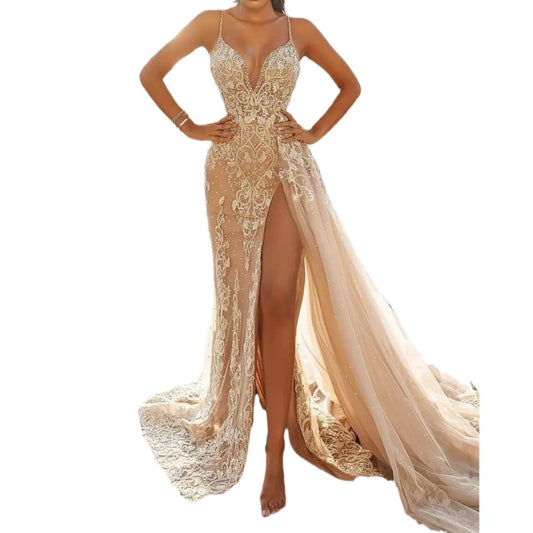 Sling Sleeveless Slit Lace Hollow Out Dress