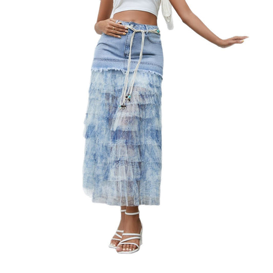 Elegante Mesh Floral Stitching Denim Skirt