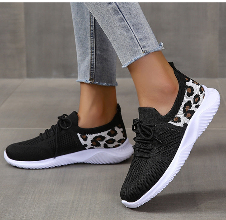 Nice White Shoes Women Leopard Print Lace-up Sneakers Sports