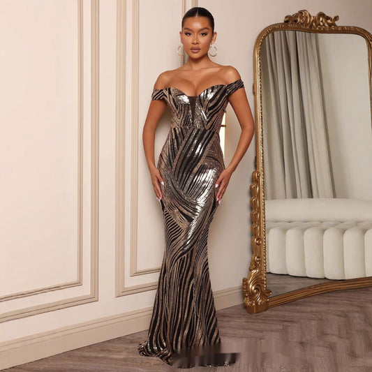 Elegant Off-shoulder Mesh Slim Fit Dress