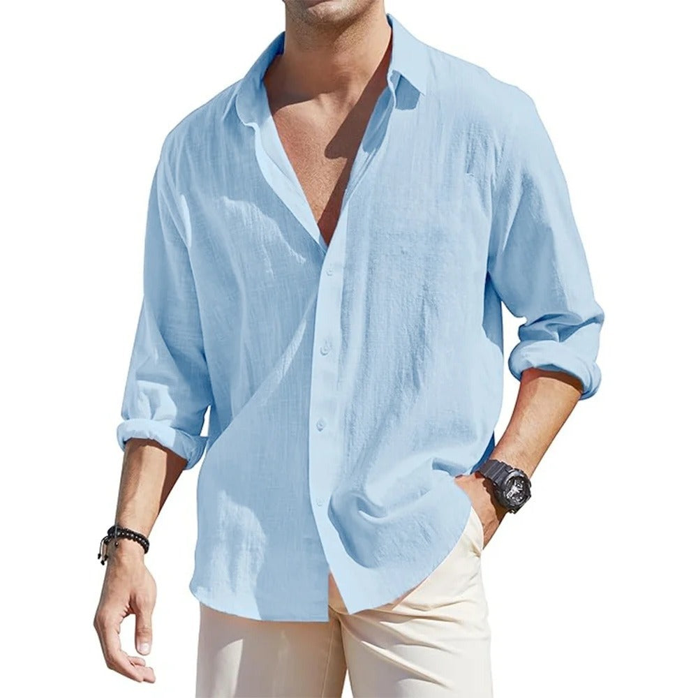 Men's Linen Cardigan Single Row Lapel T-Shirt