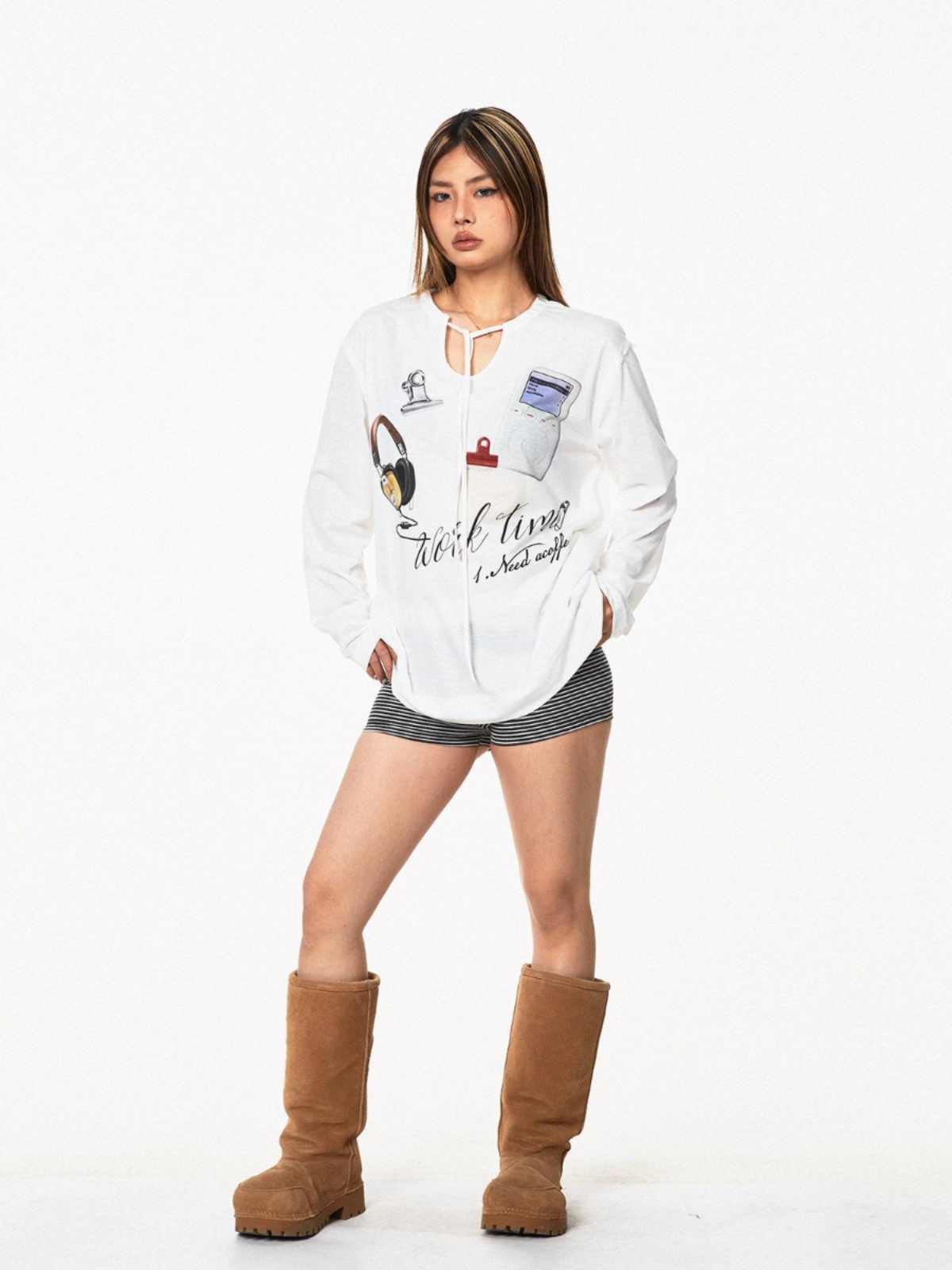 Lace Up V-neck Long-sleeved T-shirt