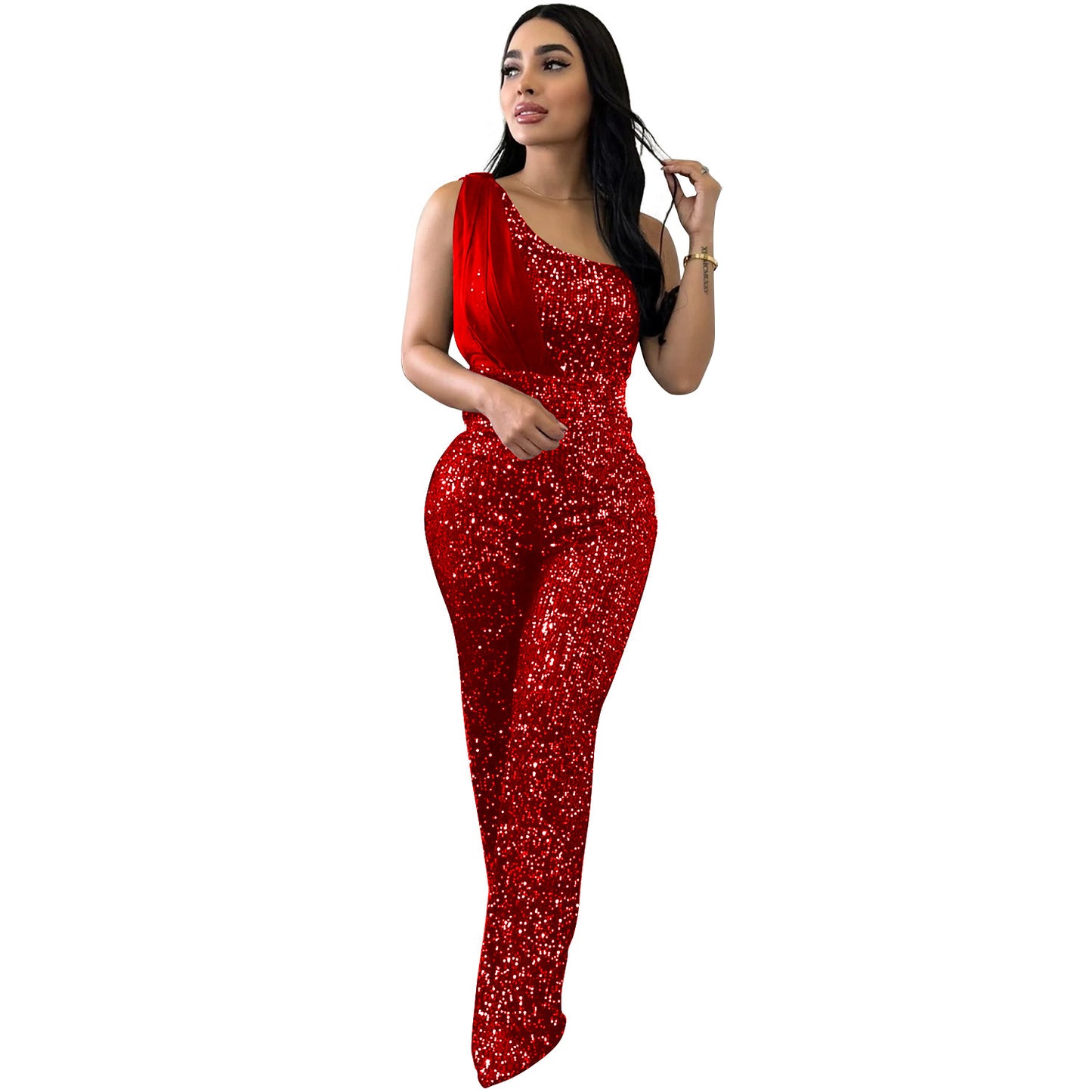 One-shoulder Sequined Trousers Jumpsuit