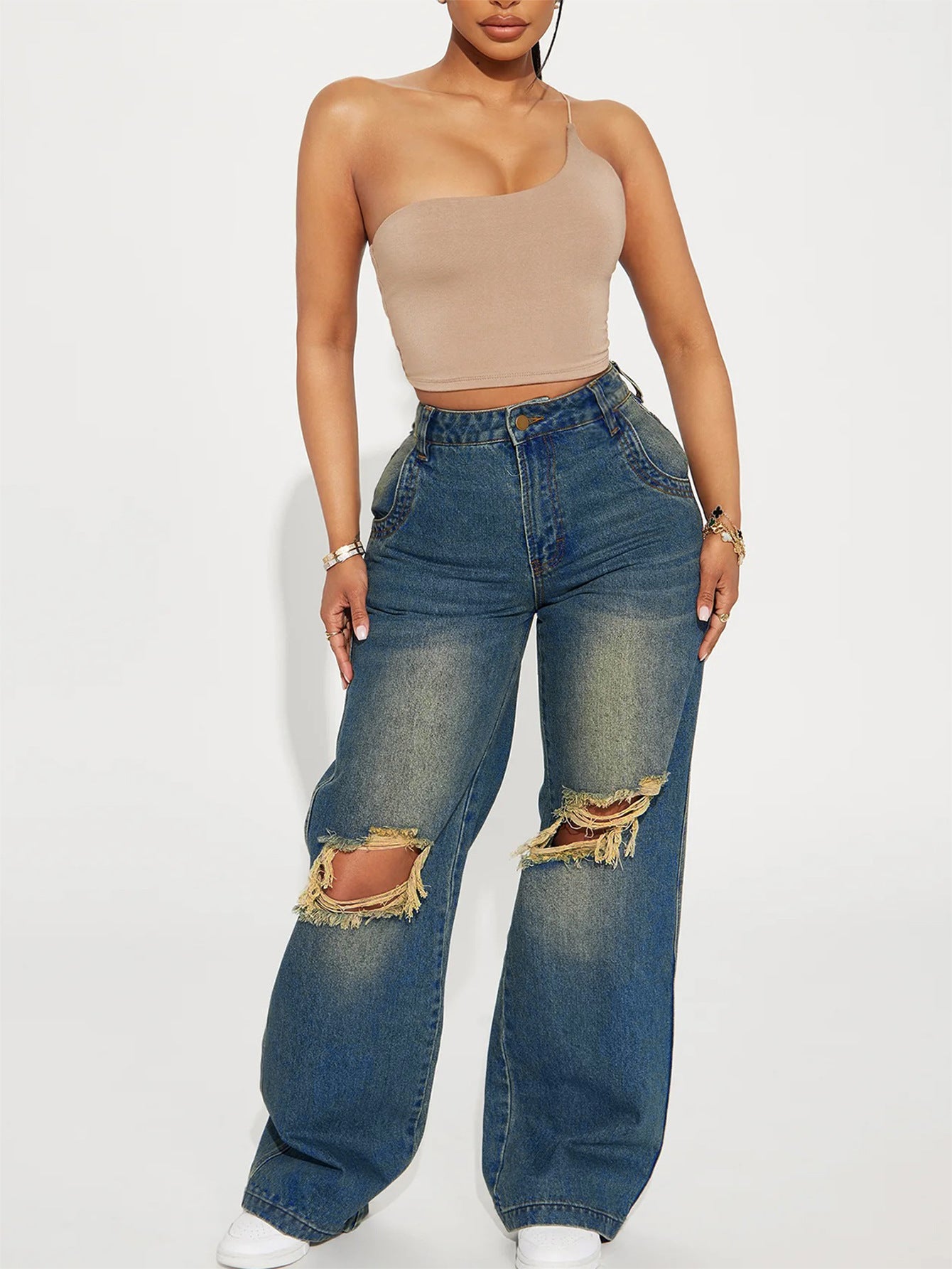 Heavy-duty Ripped Wide-legged Jeans