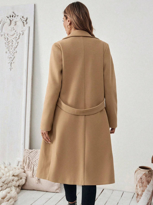 Flat Collar Pocket With Belt Long Coat Jacket
