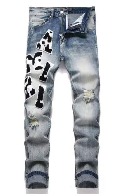 Men's Punk Retro Blue Ripped Slim Feet Jeans