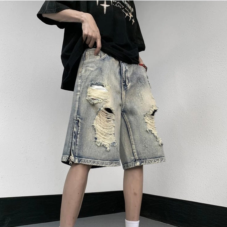 Tattered Jeans Denim Shorts Wide Leg