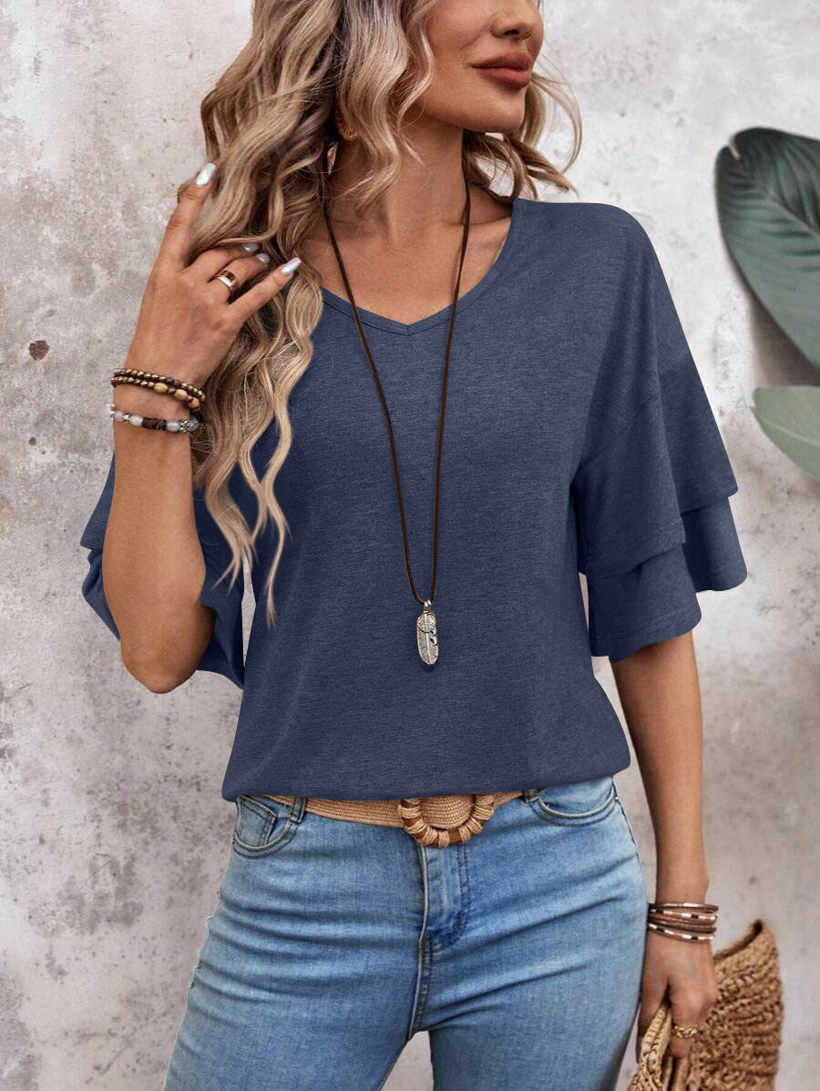 Loose V-neck Ruffle Sleeve Tops Women's Clothing