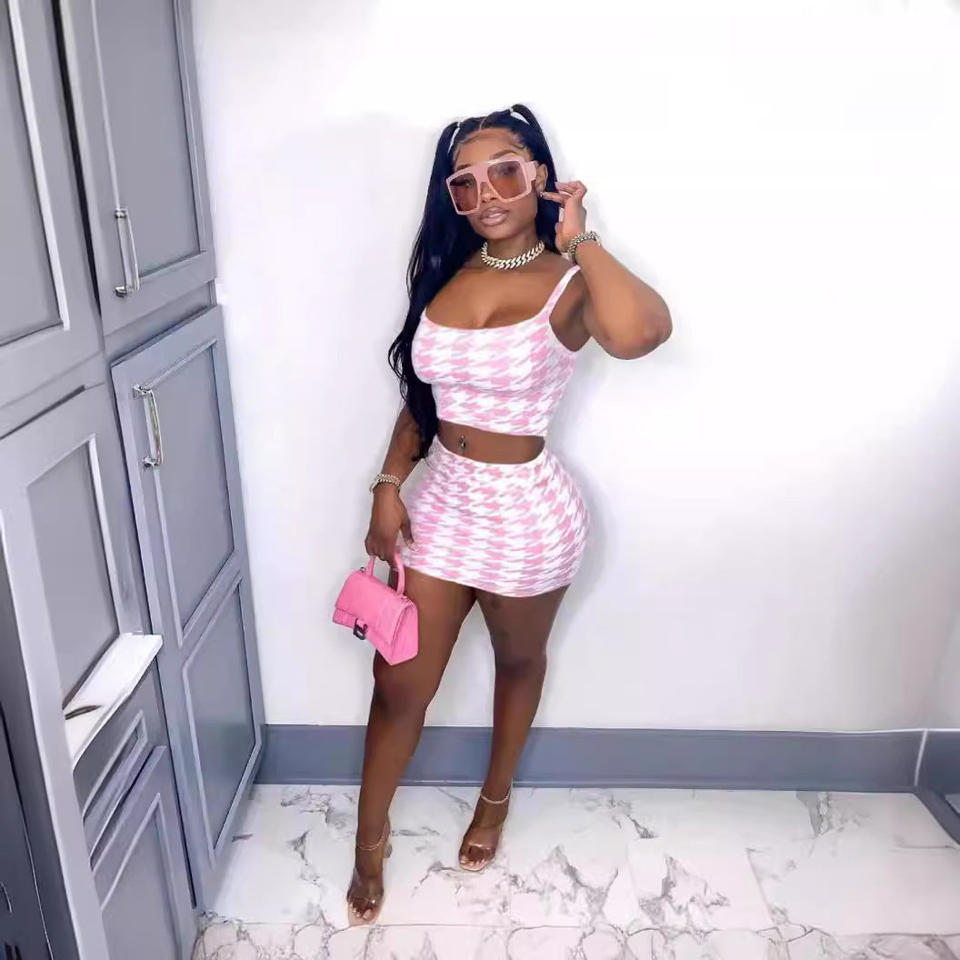 Women's Summer New Houndstooth Sling Skirt Suit