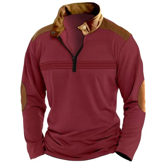Elegant Men's Stitching Polo Shirt Long-sleeve Zipper