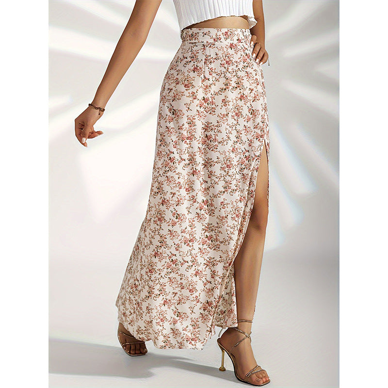 Ladie's Gentle High Waist Slit Floral Skirt