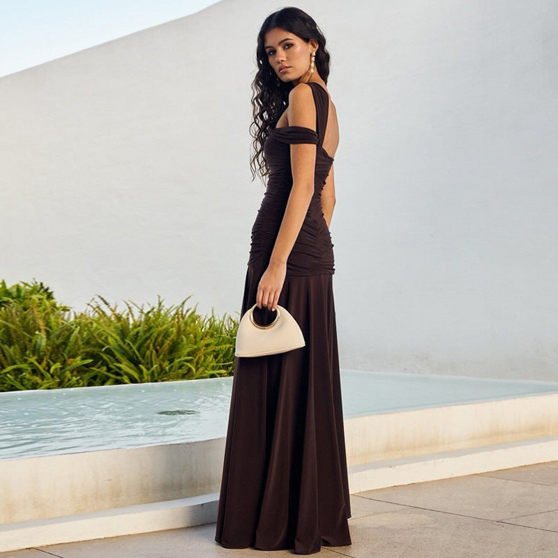 Cold-shoulder Bodycon Pleated Long Dress