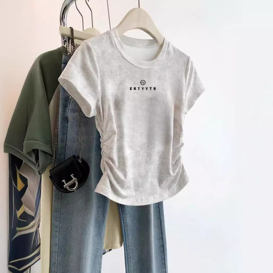 European Cargo Shoulder Tie-dyed Short-sleeved