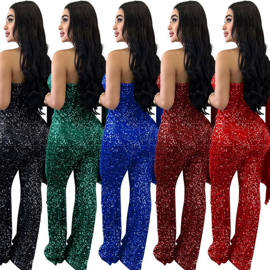 One-shoulder Sequined Trousers Jumpsuit