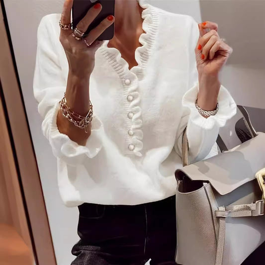 Winter V-neck Ruffled Knitted Sweater Long-sleeved Tops