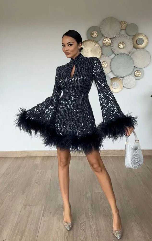 Sexy Button Hollow-out Slim-fit Sequined Fluff Skirt