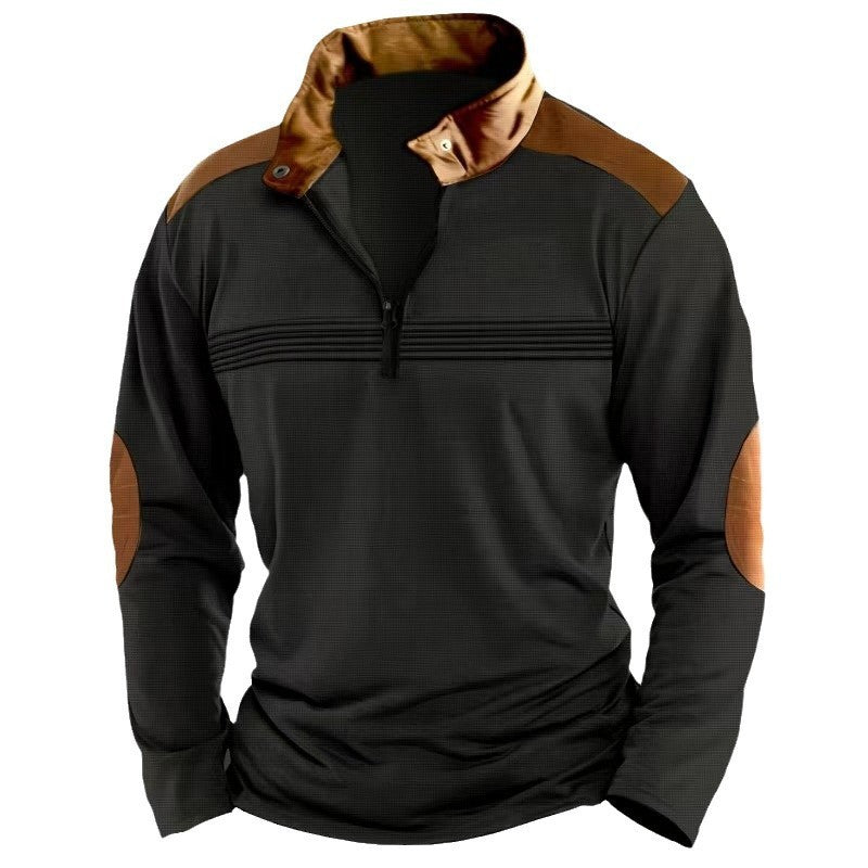 Elegant Men's Stitching Polo Shirt Long-sleeve Zipper