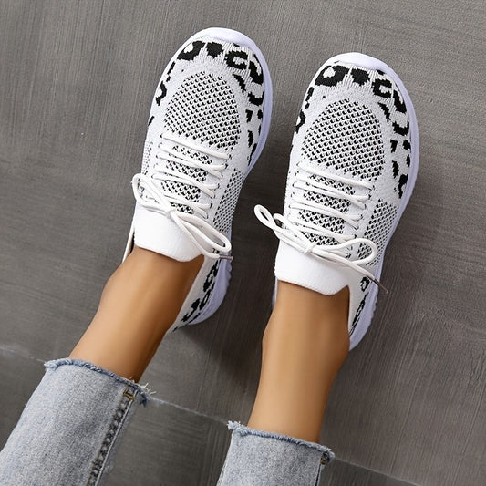 Nice White Shoes Women Leopard Print Lace-up Sneakers Sports