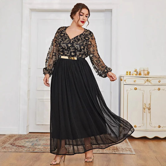 Muslim European And American Plus Size Dress V-neck Black Panel