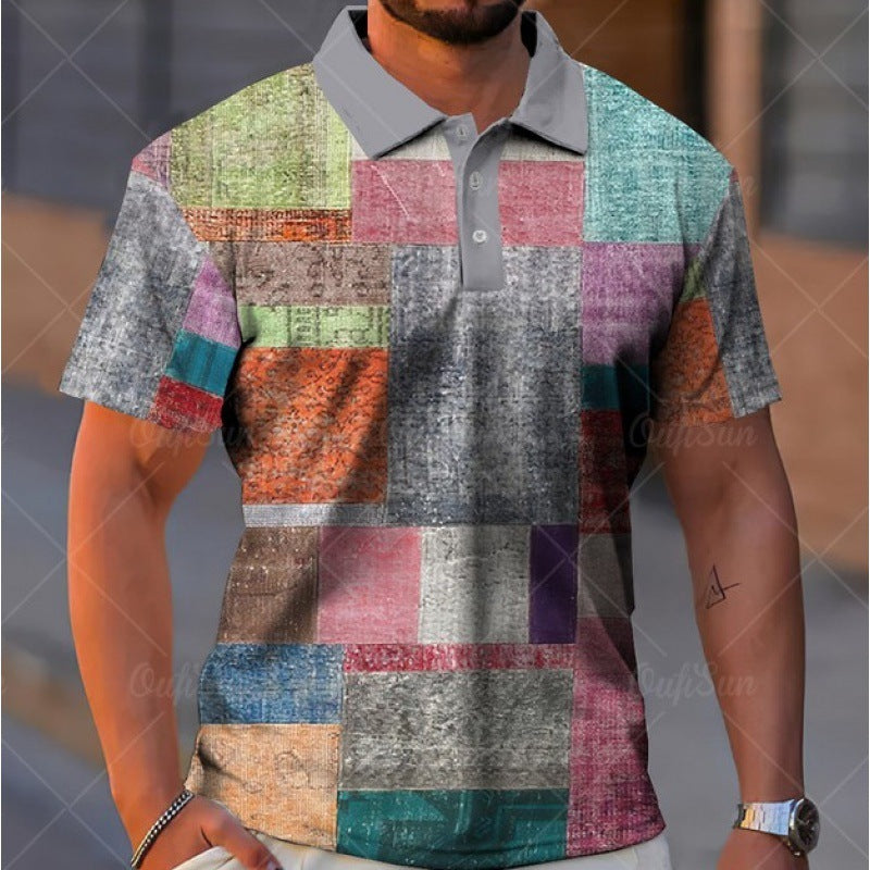 Men's Button Polo Shirt Plaid Lapel T-Shirt