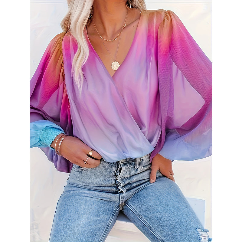 Womens V Neck Gradient Color Long Sleeve