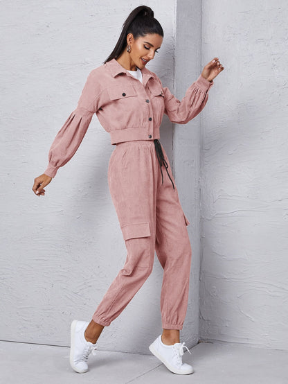Flap Detail Jacket With Tie Front Cargo Pants