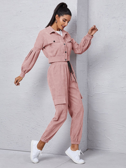 Flap Detail Jacket With Tie Front Cargo Pants