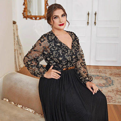 Muslim European And American Plus Size Dress V-neck Black Panel