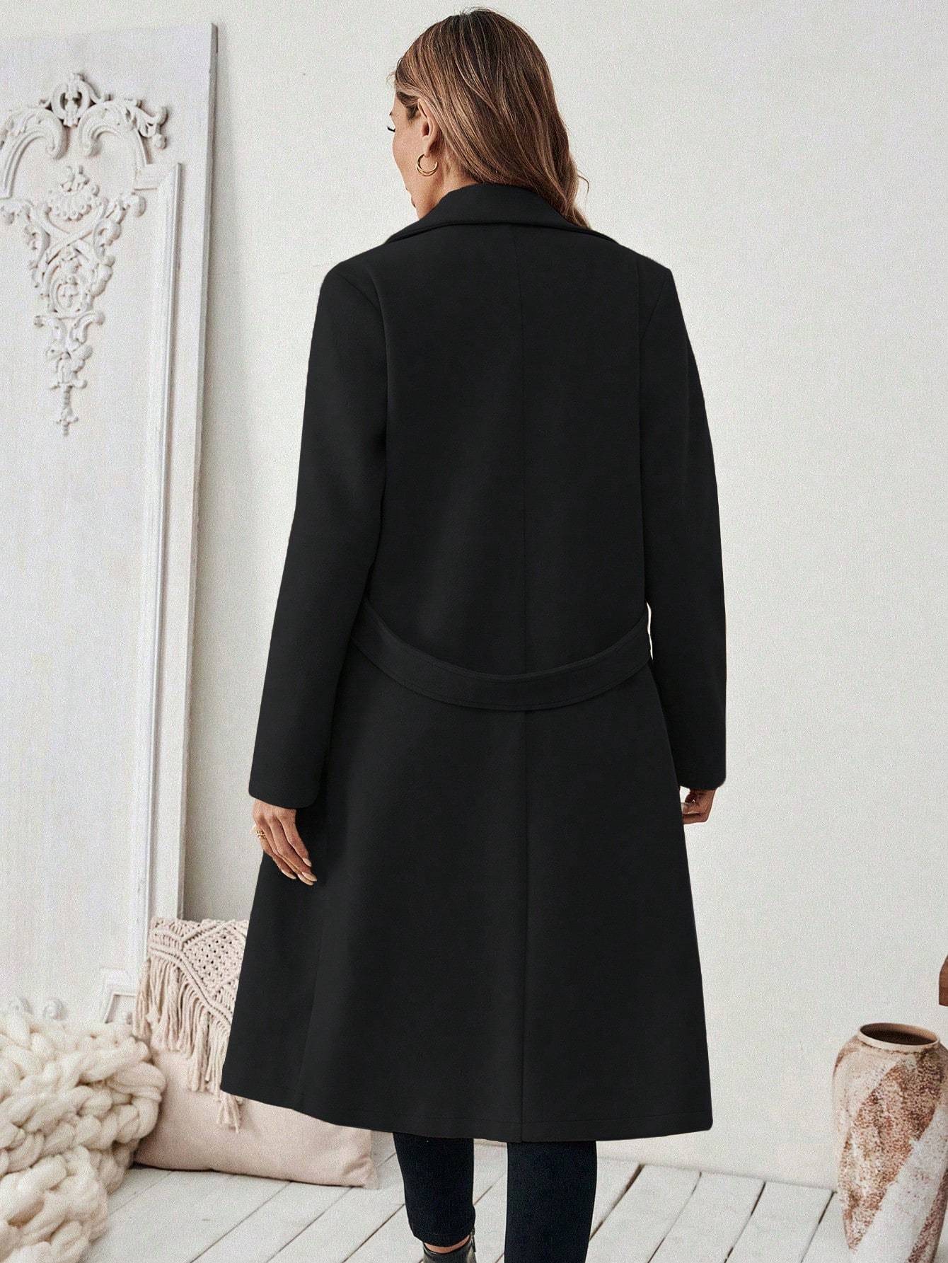 Flat Collar Pocket With Belt Long Coat Jacket