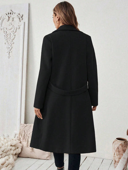 Flat Collar Pocket With Belt Long Coat Jacket
