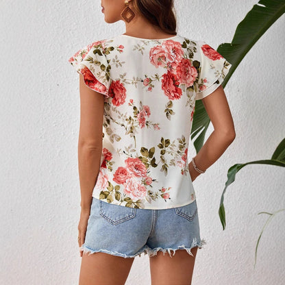 Women Floral Print Short Sleeve Ruffled Tops
