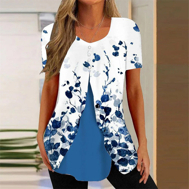 Ladie's Round Neck Two Pieces Short Sleeve Shawl Tops