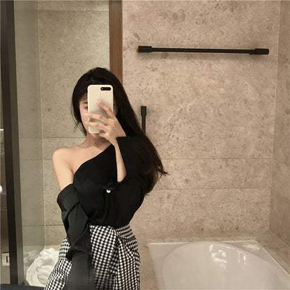 Long Sleeve Retro Irregular Slanted Shoulder Top