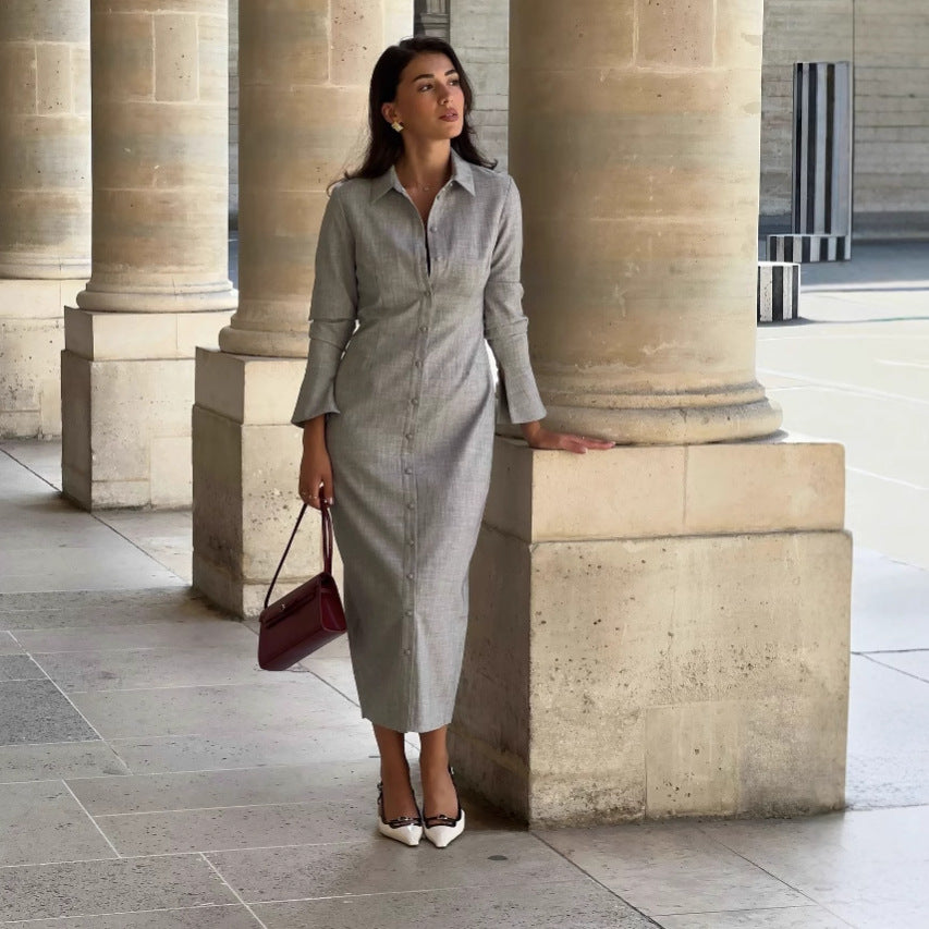 Lapel British Style Long Sleeve Dress