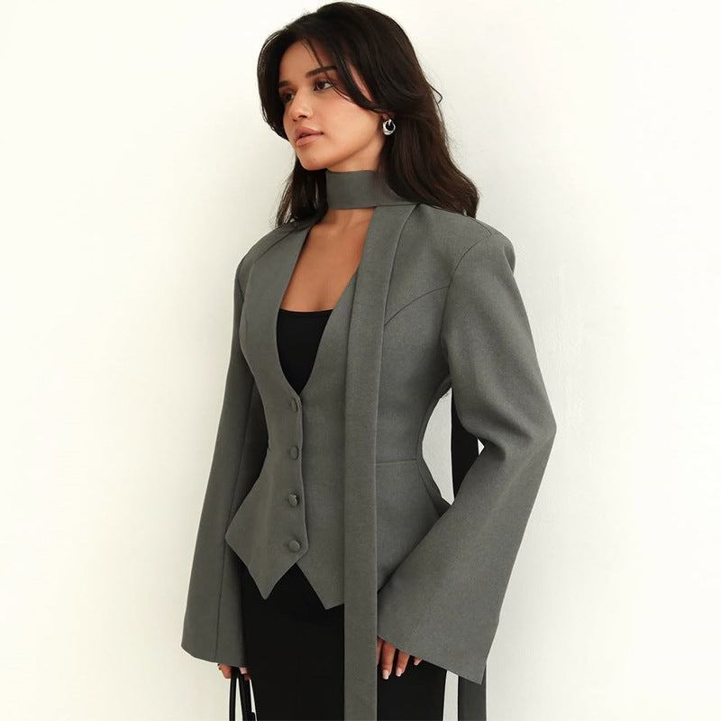 V-neck Scarf Decorate Long Sleeve Suit Coat