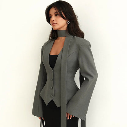 V-neck Scarf Decorate Long Sleeve Suit Coat