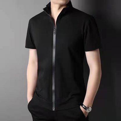 Men's Cardigan Zipped Stand Collar Short Sleeve