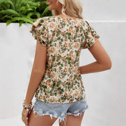 Women Floral Print Short Sleeve Ruffled Tops