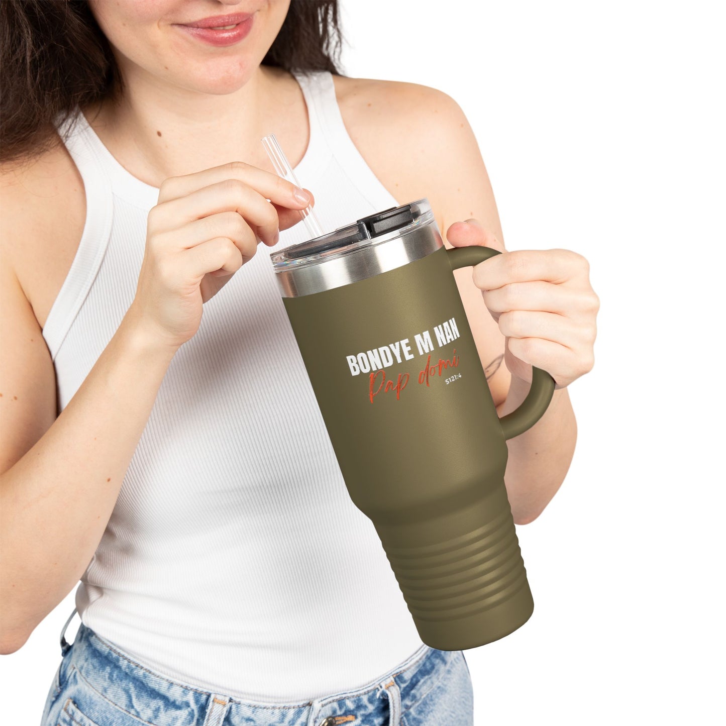 40oz Insulated Travel Mug "Bondye m nan pap Domi"