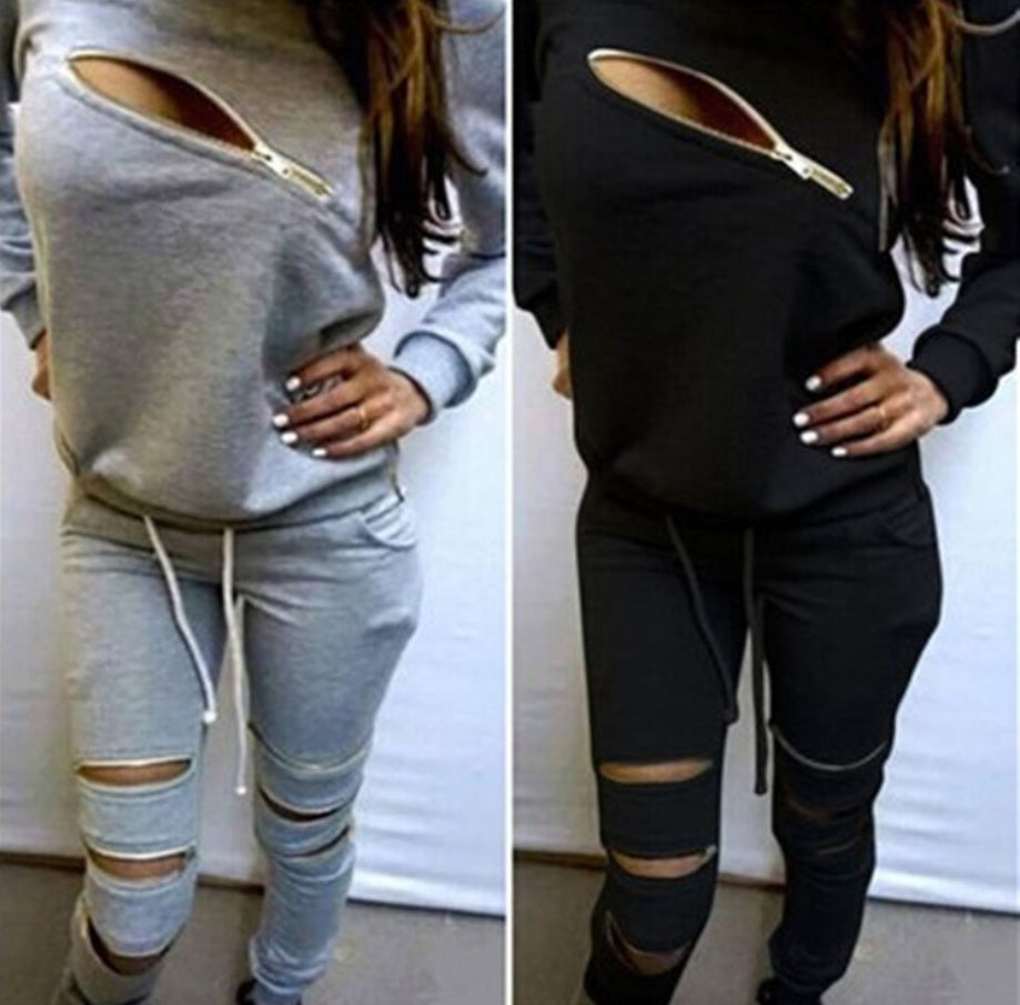 Sexy zipper plus velvet long sleeve sweater suit