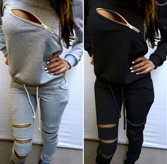 Sexy zipper plus velvet long sleeve sweater suit
