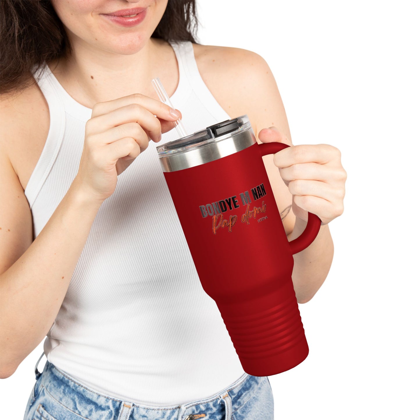 40oz Insulated Travel Mug "Bondye m nan pap Domi"